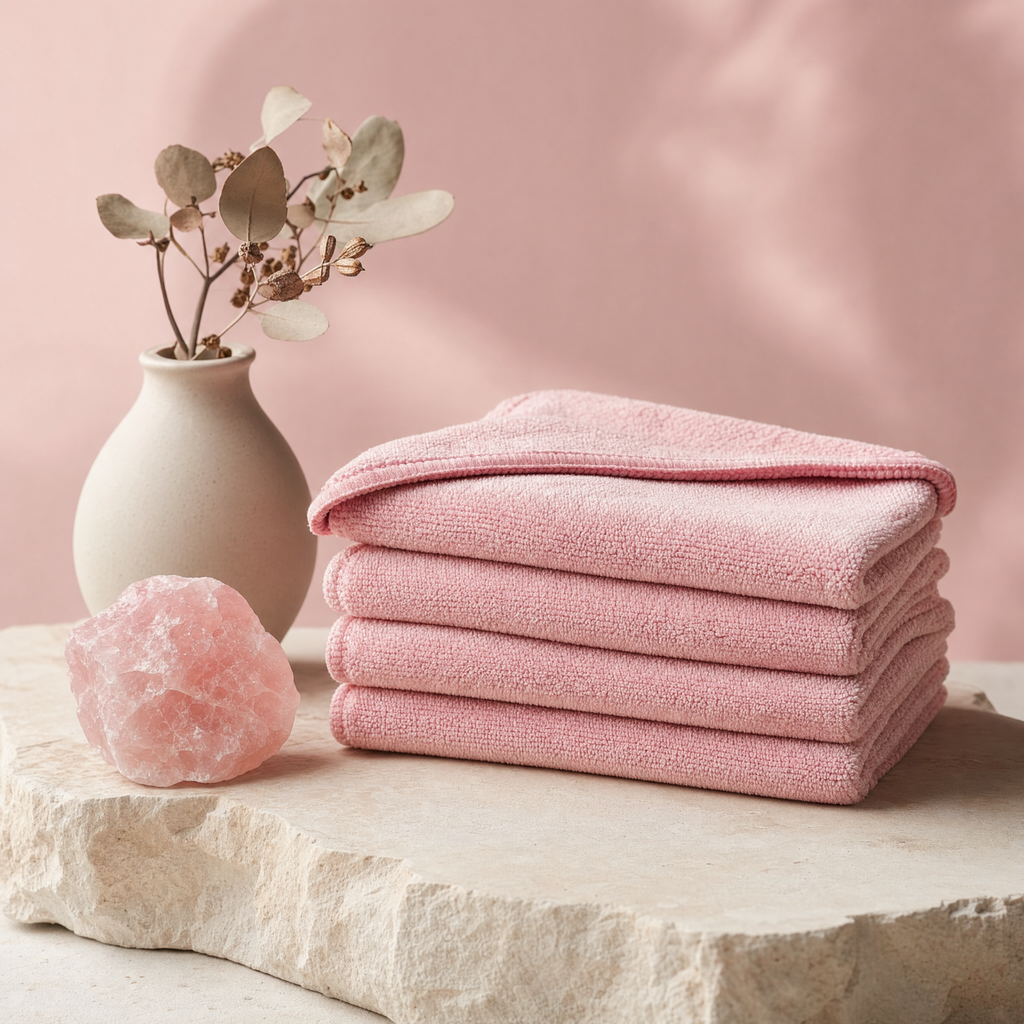 Paños Serenos de microfibra rosa apilados junto a cuarzo rosa - Vela Glow