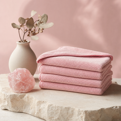 Paños Serenos de microfibra rosa apilados junto a cuarzo rosa - Vela Glow