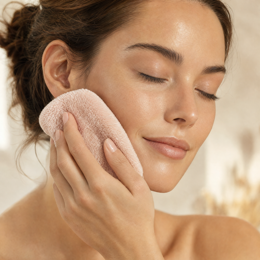 Mujer usando el paño facial de microfibra Paños Serenos - Vela Glow