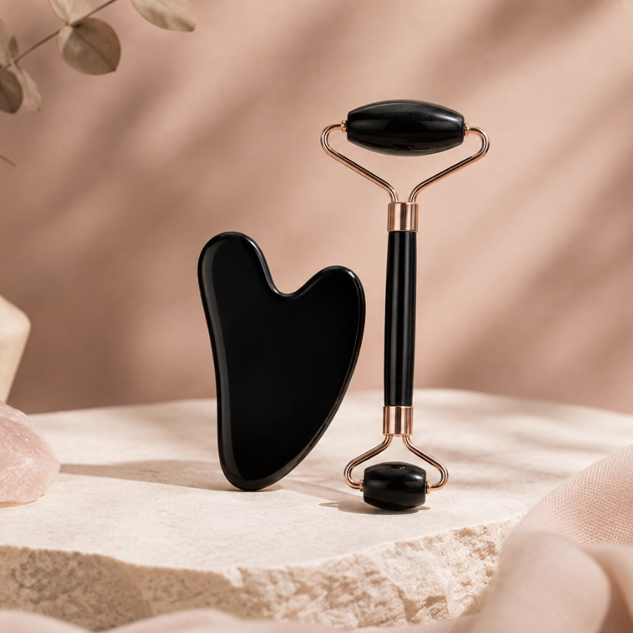 Dúo Ritual — Piedra Gua-Sha + Rodillo Masajeador | Vela Glow