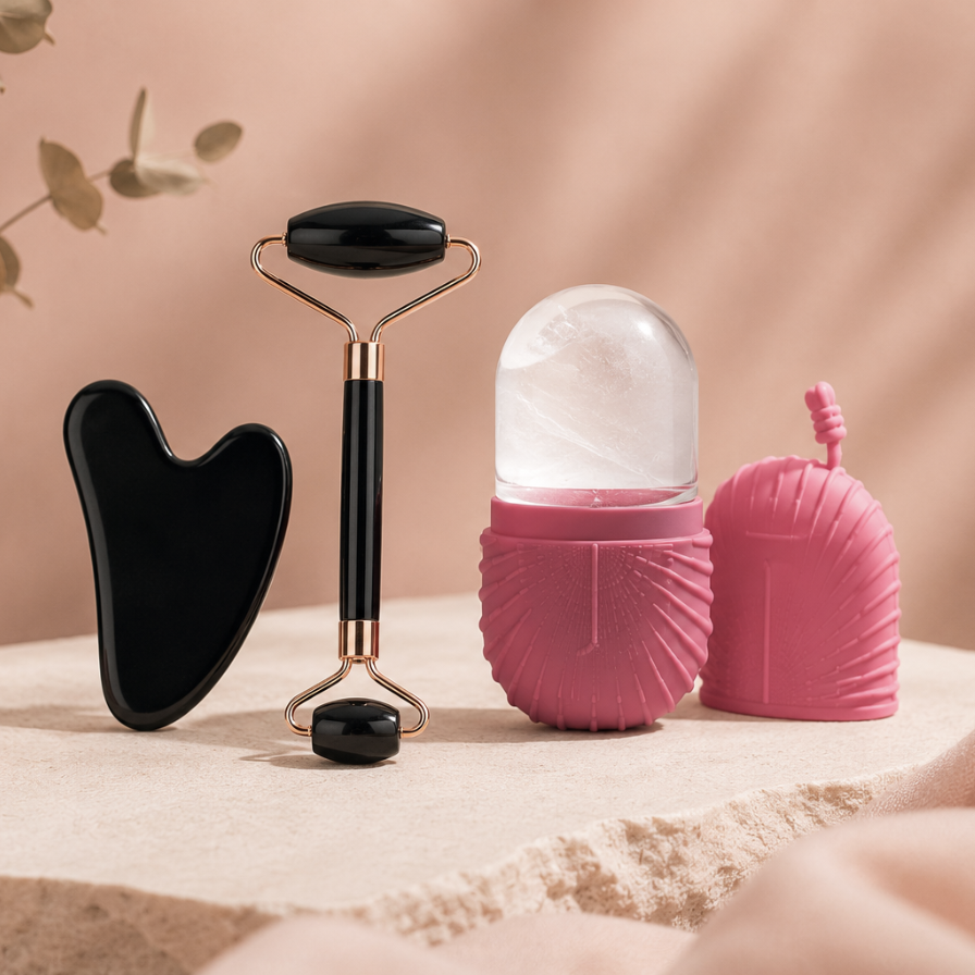 Vela Glow Ritual Amanecer rosa cuarzo, piedra de gua sha, rodillo de hielo y gel refrigerante sobre superficie de piedra clara con eucalipto seco